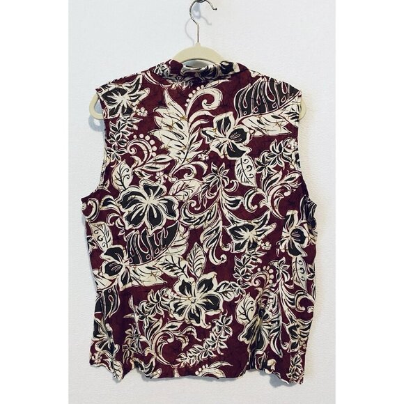 Hilo Hattie Top Womens XL Dark Red Hibiscus Sleeveless Button Up Hawaiian Beachy - Picture 3 of 6
